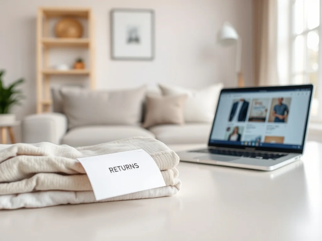 Starannie złożone ubrania, etykieta zwrotu i paczka Zalando na stole, w tle laptop z otwartą stroną formularza zwrotu.