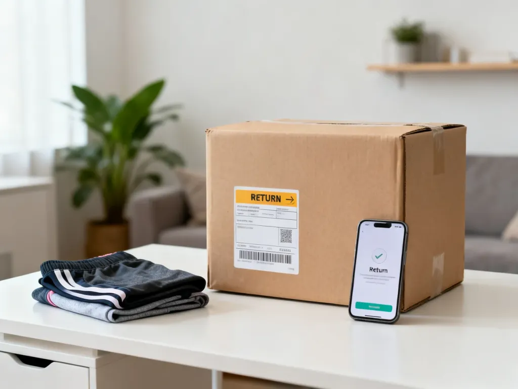 Paczka z etykietą zwrotną, legginsy sportowe i smartfon z potwierdzeniem zwrotu, na tle przytulnego salonu.