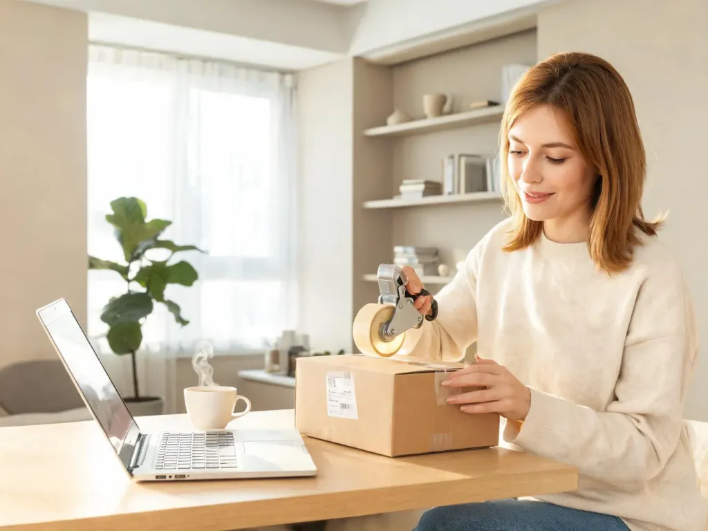 Kobieta w domu spokojnie pakuje paczkę z etykietą zwrotu Bonprix przy laptopie, przygotowując się do odesłania produktu