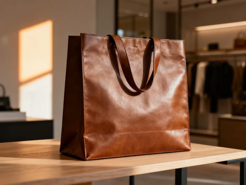Elegancka skórzana torba na drewnianym stole w nowoczesnym butiku, podkreślająca wysoką jakość produktów marki Ochnik.