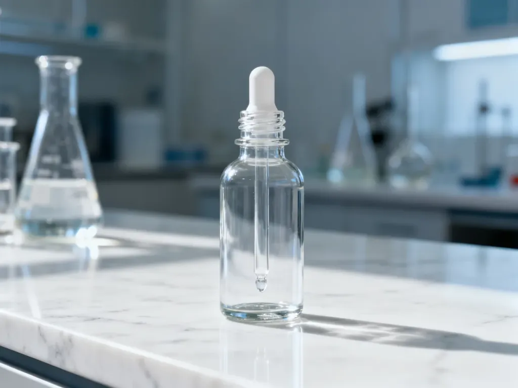 Pusta szklana butelka z kroplomierzem na laboratoryjnym blacie, symbolizująca precyzyjne przygotowywanie płynów nikotynowych.
