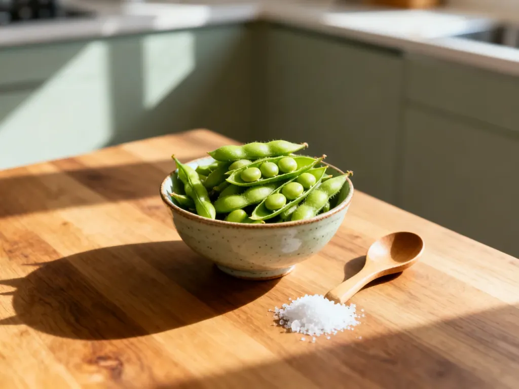 Świeża fasolka edamame w ceramicznej miseczce na drewnianym stole, gotowa do przygotowania zdrowej przekąski.