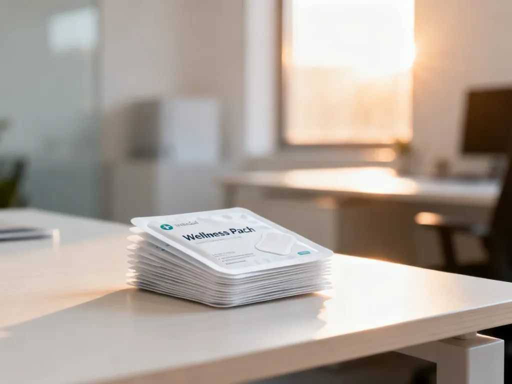 Opakowanie plastrów LifeWave leżące na jasnym biurku w słonecznym, profesjonalnym biurze.