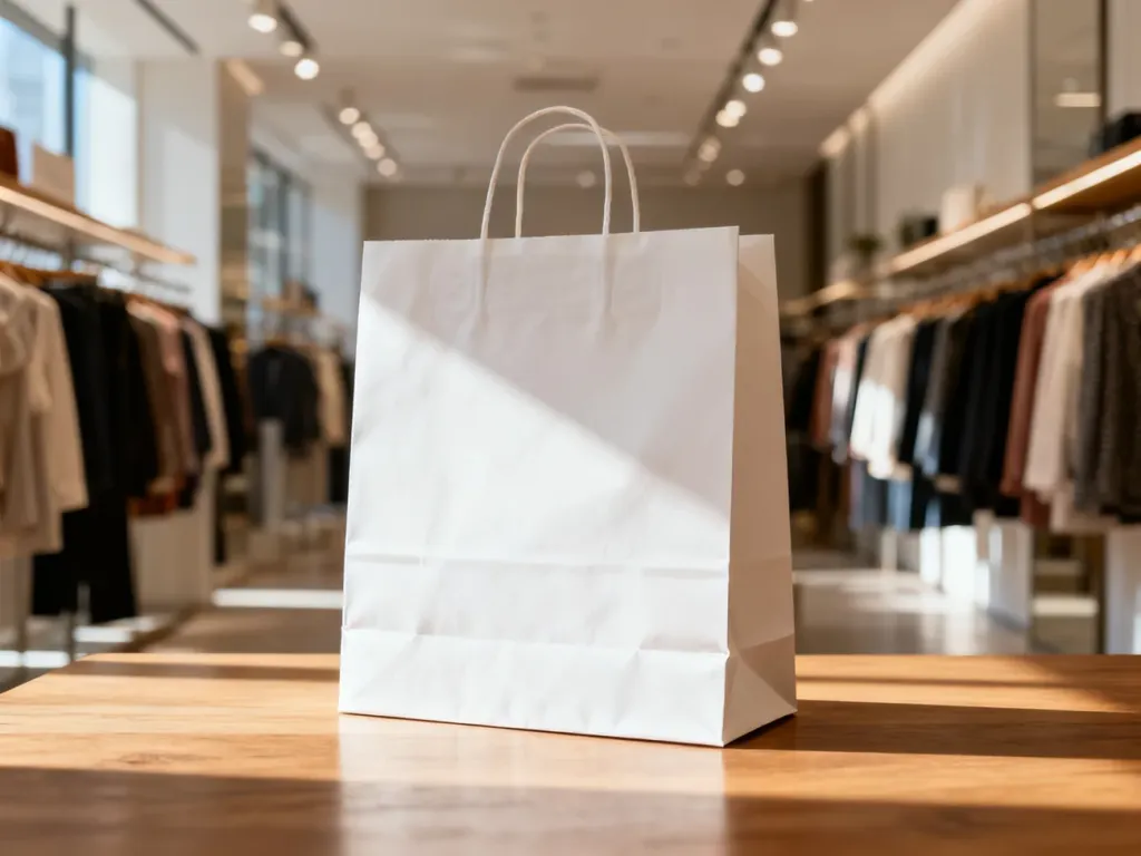 Papierowa torba zakupowa H&M na drewnianym stole w tle sklepowego wnętrza.