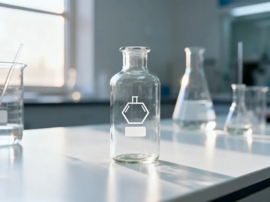 Szklana butelka z odczynnikiem chemicznym na laboratoryjnym stole, ilustrująca profesjonalne zastosowanie amoniaku.