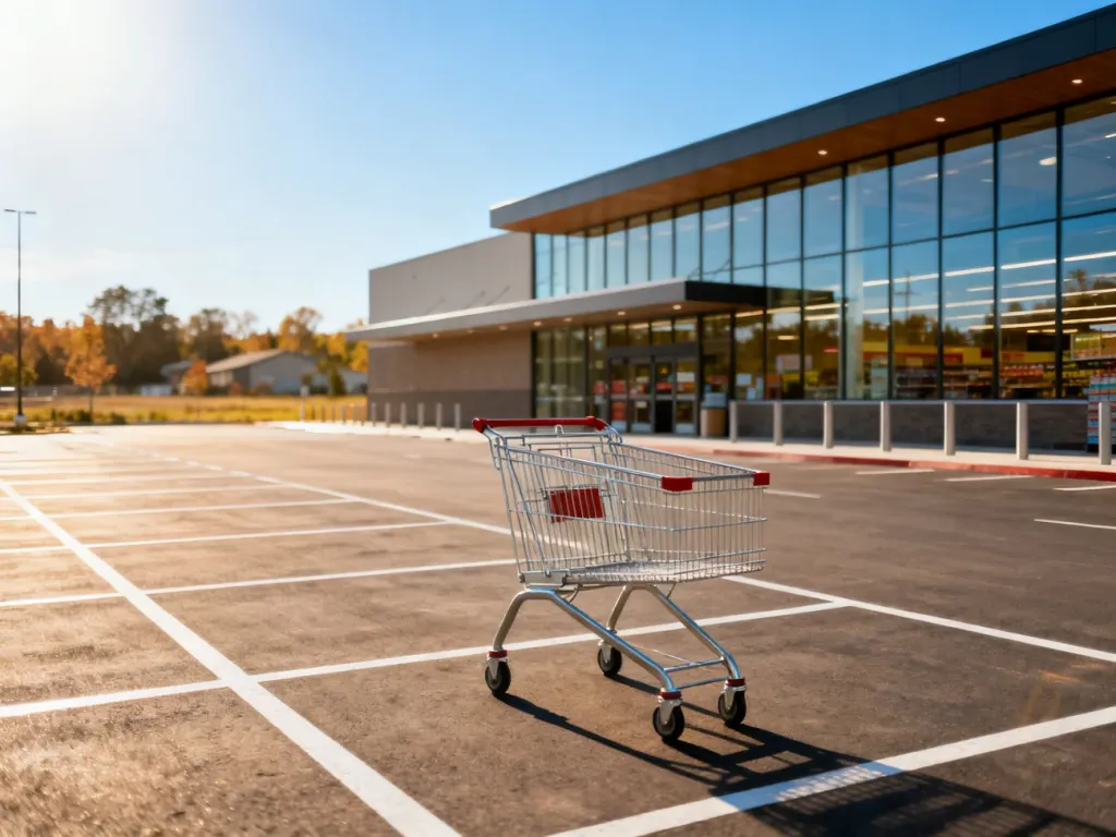 Nowoczesny budynek supermarketu Biedronka z pustym parkingiem w słoneczny poranek przed otwarciem sklepu.