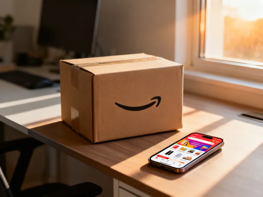 Kartonowa paczka z logo Amazon i smartfon z aplikacją zakupową na biurku, symbolizujące wygodę korzystania z usługi Prime.