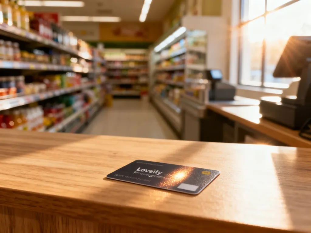Karta lojalnościowa Kaufland leżąca na drewnianej ladzie sklepowej w tle z alejkami pełnymi produktów.