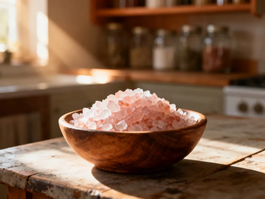 Drewniana miseczka wypełniona grubą solą kłodawską na kuchennym stole, podkreślająca naturalny charakter produktu.