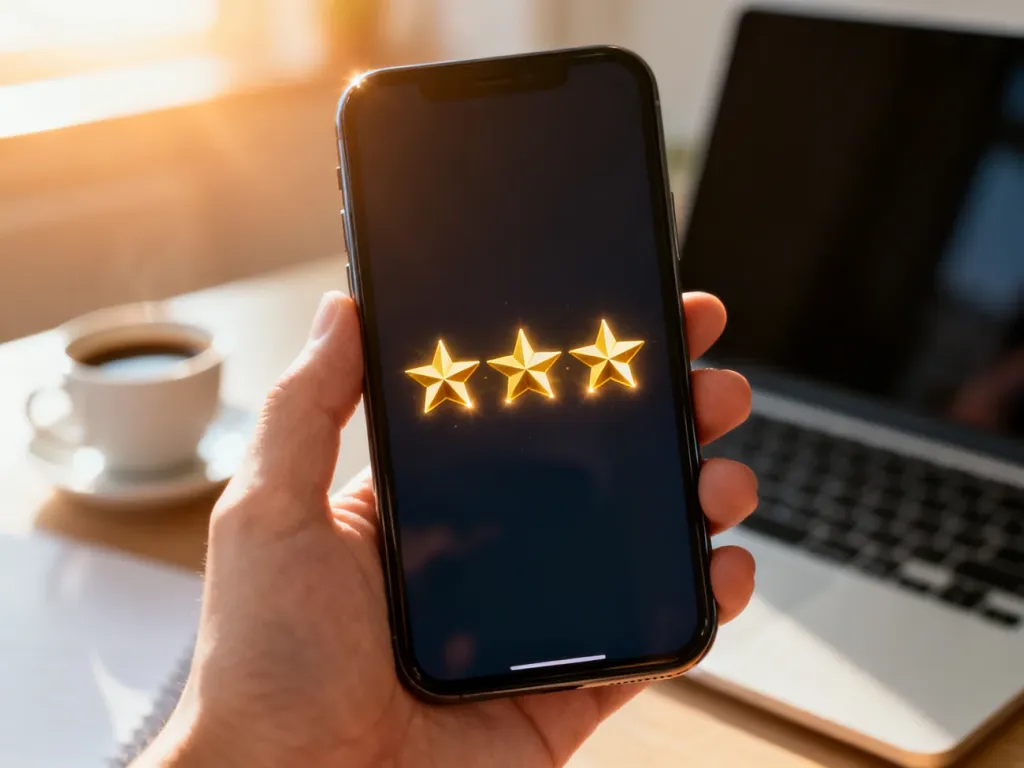 Dłoń trzymająca smartfon z wyświetlonymi pięcioma złotymi gwiazdkami, symbolizującymi wysoką ocenę sklepu internetowego.