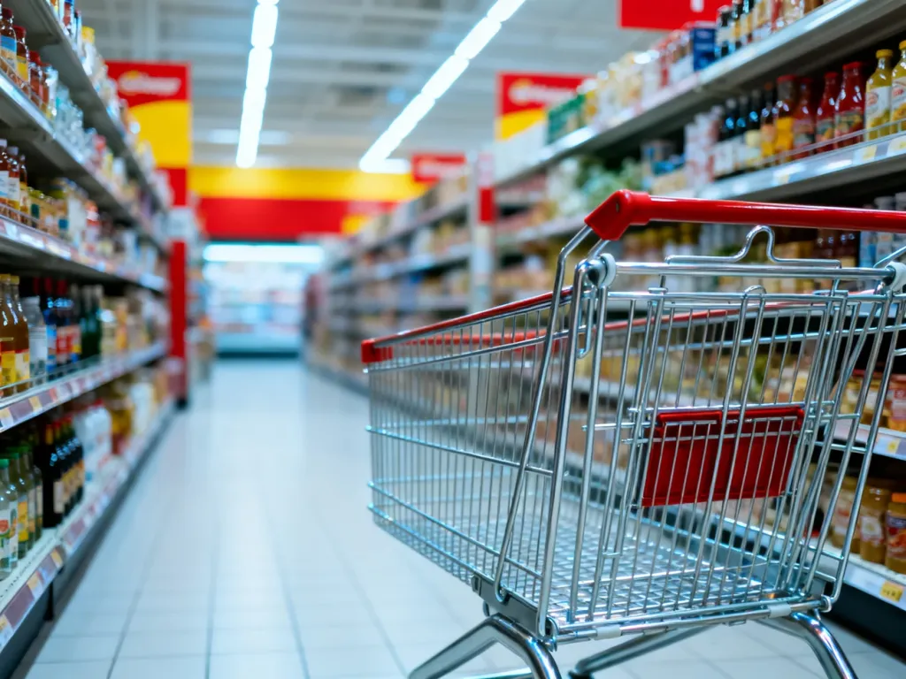 Nowoczesna alejka w sklepie spożywczym z uporządkowanymi produktami i wózkiem sklepowym na pierwszym planie.