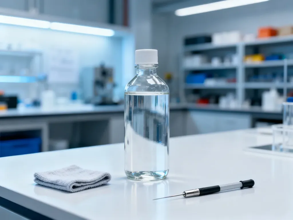 Przezroczysta butelka z alkoholem izopropylowym oraz akcesoria do czyszczenia na laboratoryjnym stole.