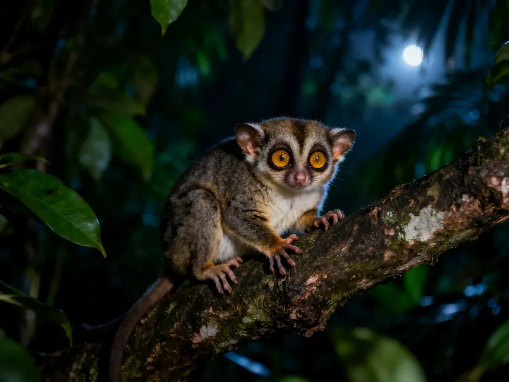 Galago z dużymi oczami siedzący na gałęzi w nocnym, tropikalnym lesie.