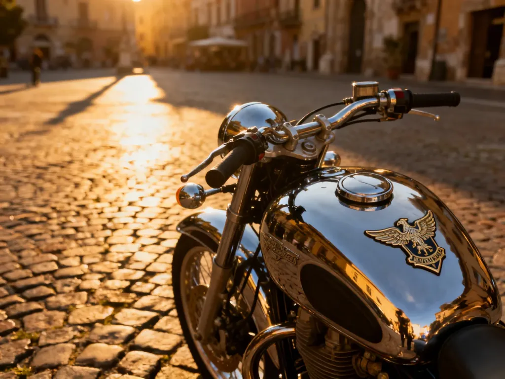 Klasyczny motocykl Jawa zaparkowany na brukowanej uliczce w blasku zachodzącego słońca. Widoczne detale chromowanego baku.