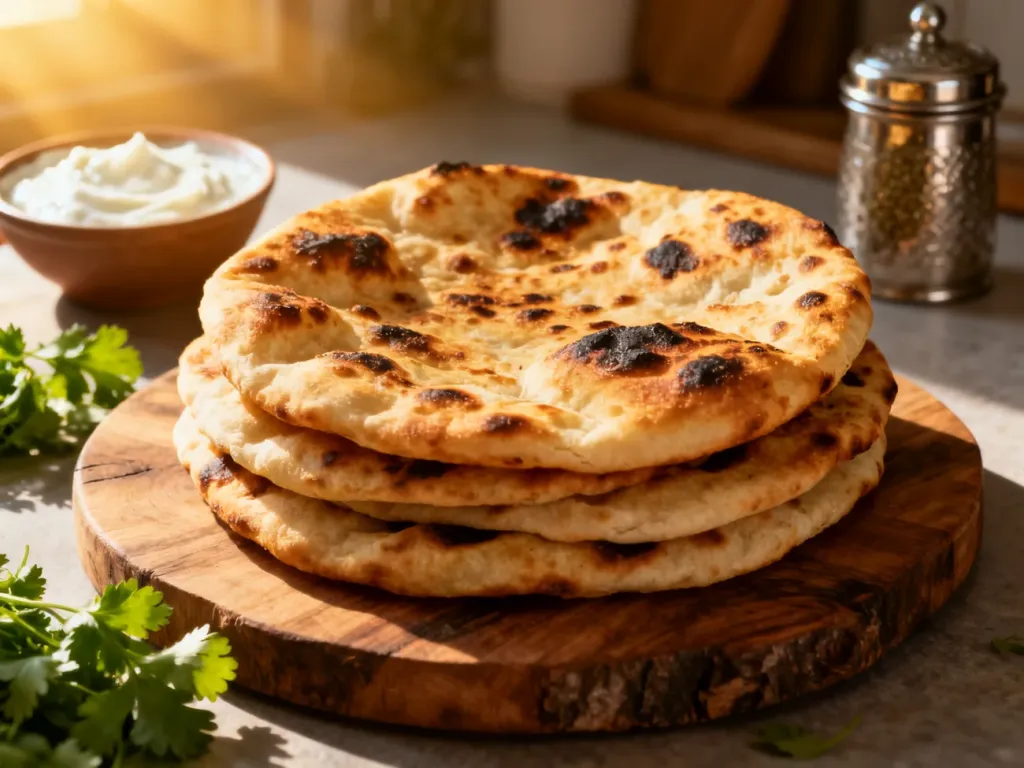 Stos chrupiących, świeżo upieczonych chlebków naan z przypieczonymi brzegami, podany na rustykalnej desce.