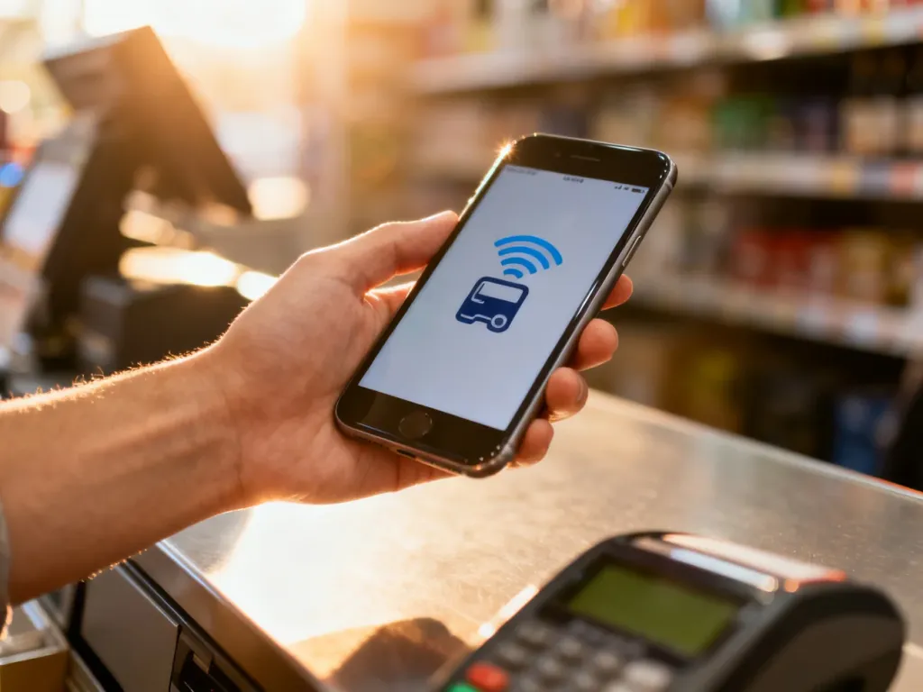 Dłoń trzymająca smartfon z ikoną płatności zbliżeniowych przy kasie sklepowej, symbolizująca wygodne zakupy bez karty.