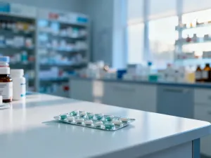 Szklana zlewka z kwasem borowym oraz buteleczka z kroplomierzem na białym stole w profesjonalnym, laboratoryjnym otoczeniu.