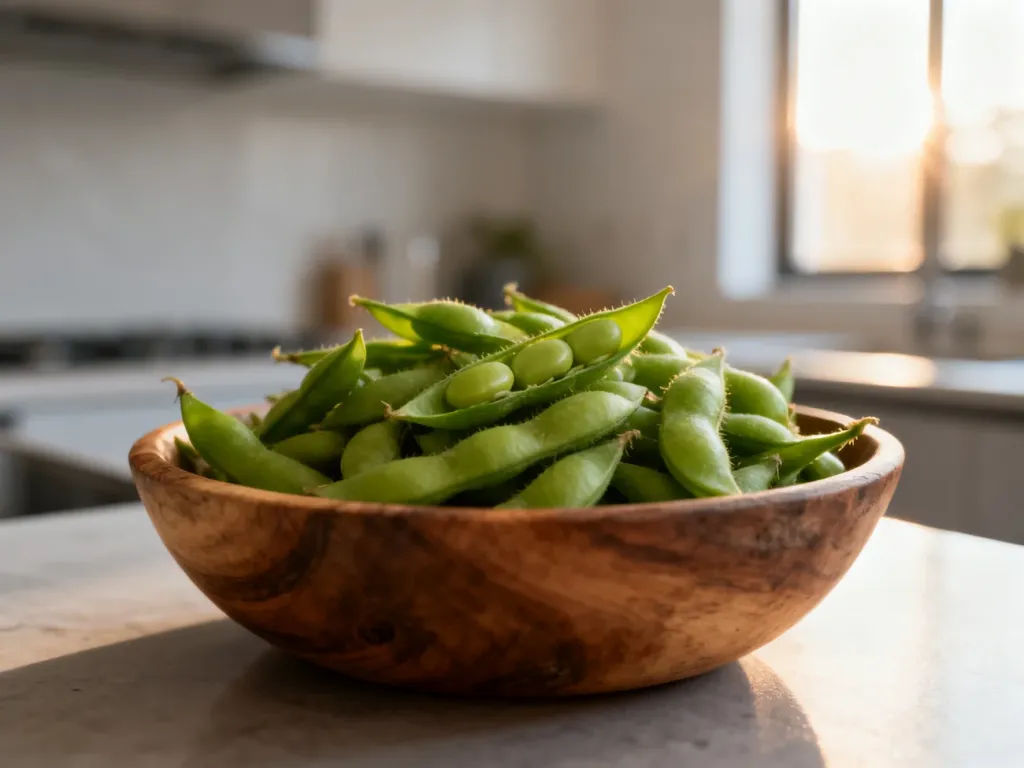 Rustykalna miska ze świeżymi strączkami edamame na kuchennym blacie w promieniach porannego słońca.