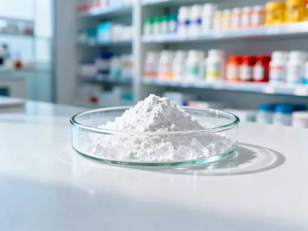 Krystaliczny biały proszek w szklanym naczyniu laboratoryjnym, symbolizujący czystą formę suplementu diety.