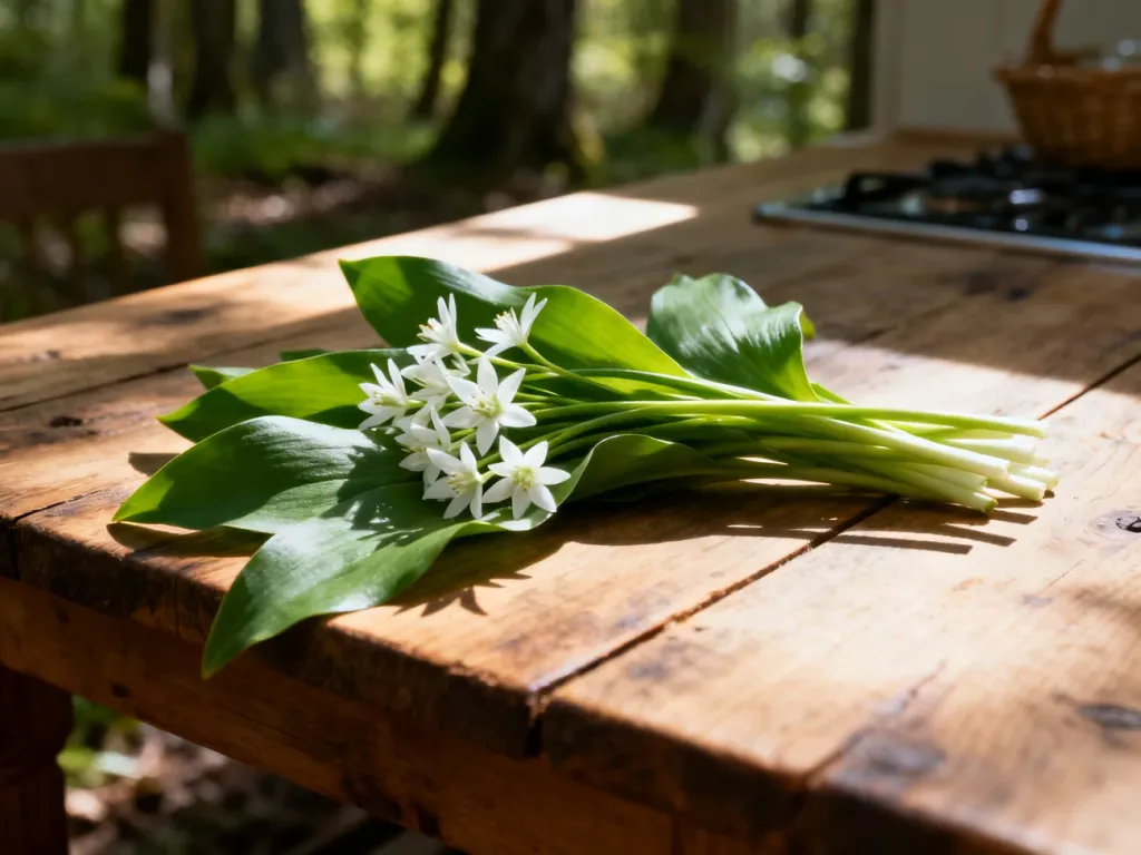 Świeże liście i białe kwiaty czosnku niedźwiedziego na drewnianym stole, podkreślające naturalne pochodzenie rośliny.