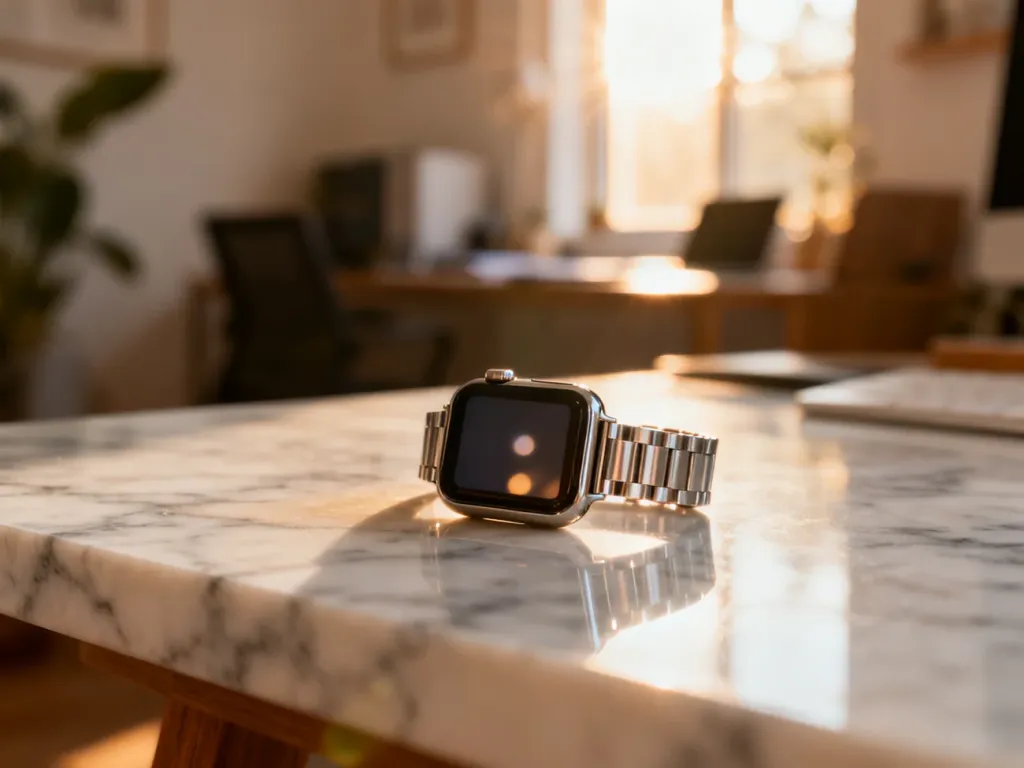 Elegancki damski smartwatch z metalową bransoletą na marmurowym blacie w słonecznym, domowym biurze.
