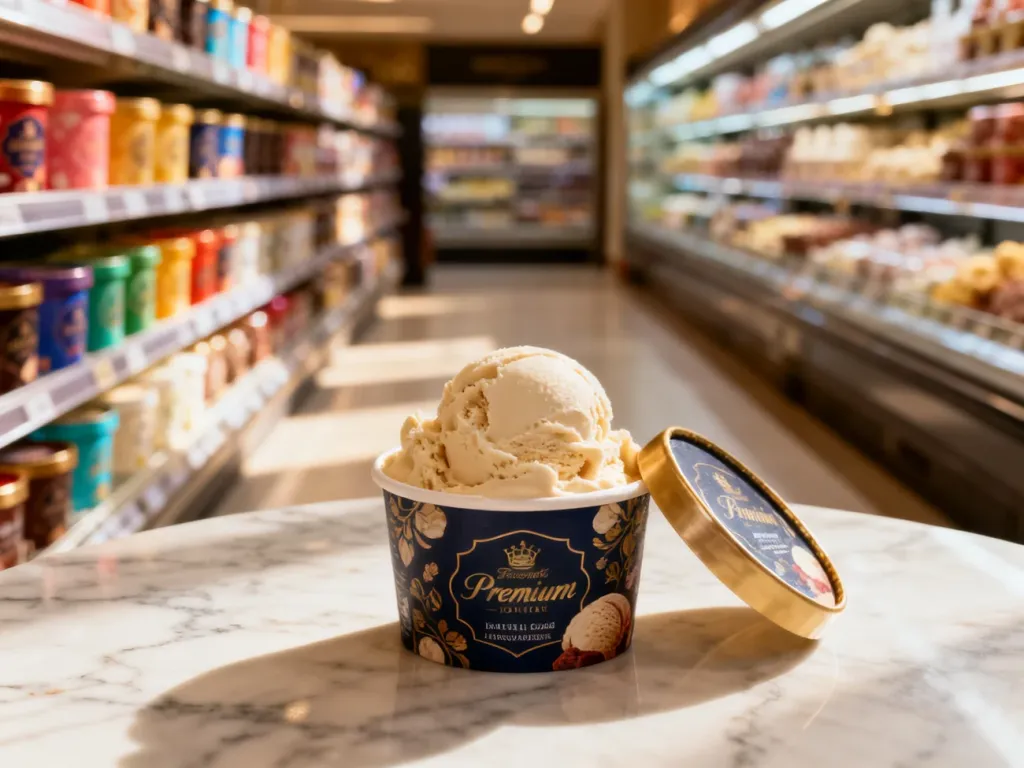Otwarte opakowanie lodów Häagen-Dazs na marmurowym blacie w tle sklepowej alejki z mrożonkami.