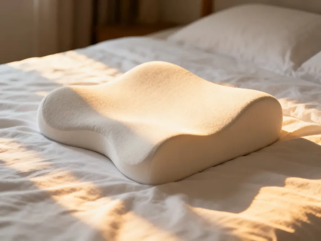 Ergonomiczna poduszka ortopedyczna Derila z pianki z pamięcią kształtu na białym pościelonym łóżku w przytulnej sypialni.