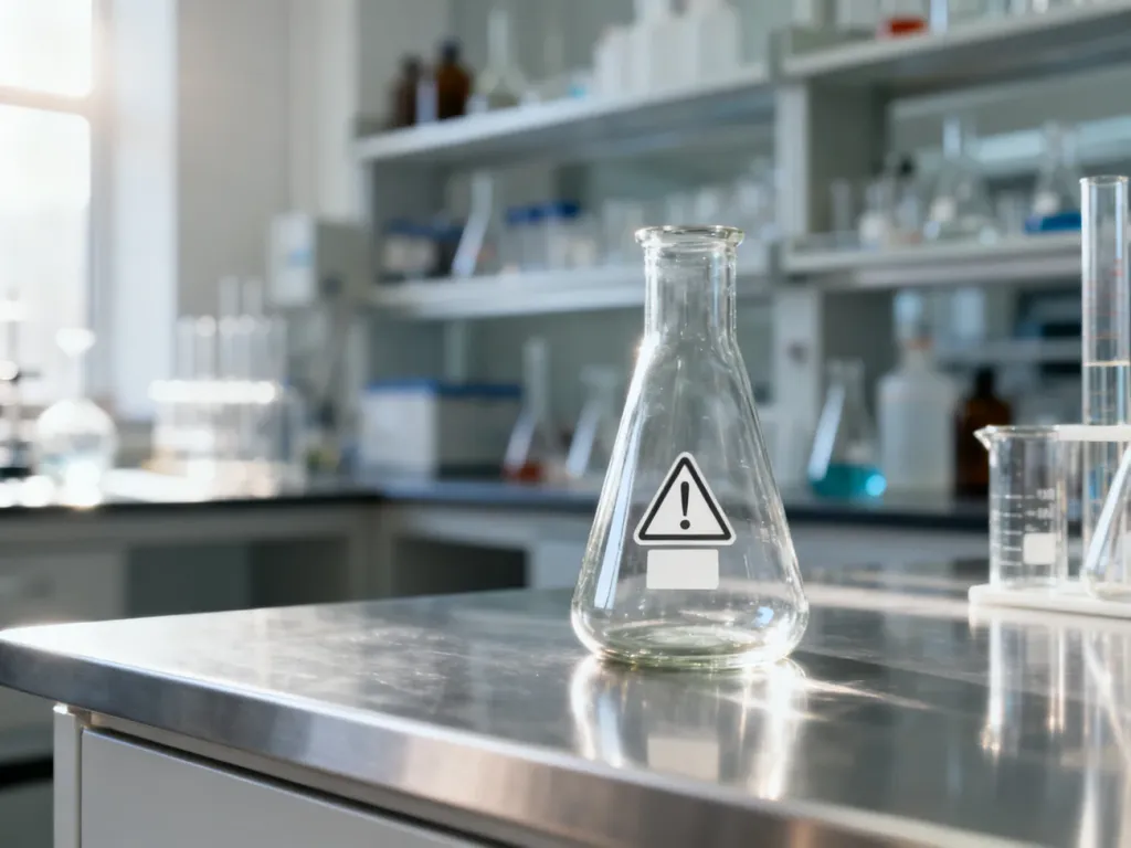 Profesjonalna butelka z odczynnikiem chemicznym na laboratoryjnym stole roboczym w sterylnym otoczeniu.