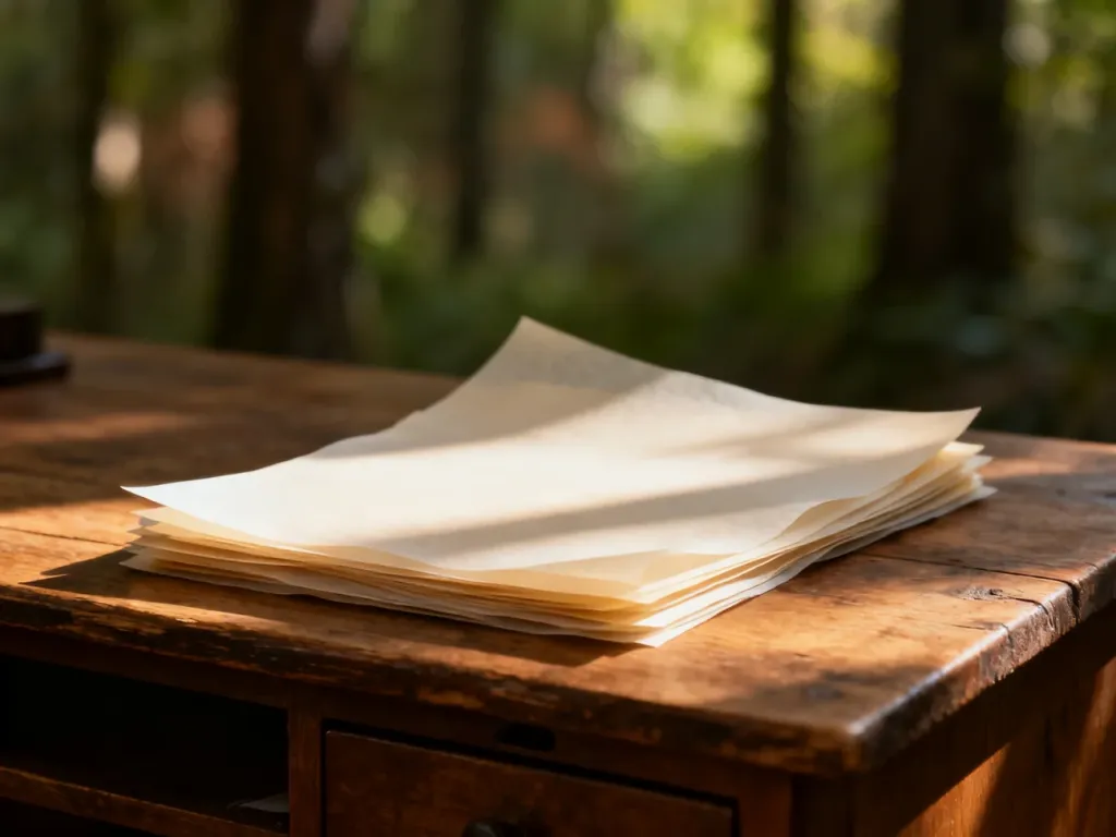 Stos wysokiej jakości teksturowanego papieru vellum na drewnianym biurku w otoczeniu leśnej zieleni.