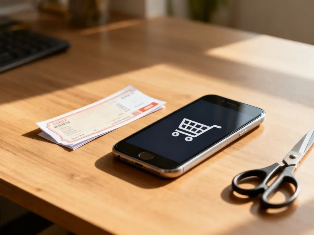Smartfon z ikoną koszyka oraz papierowy kupon rabatowy na drewnianym biurku, symbolizujące oszczędzanie podczas zakupów online.