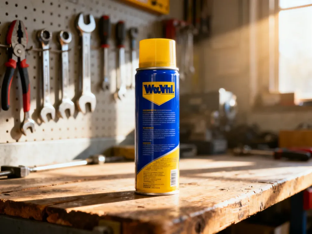 Puszka preparatu WD-40 na drewnianym stole warsztatowym w otoczeniu narzędzi, podkreślająca profesjonalne zastosowanie produktu.