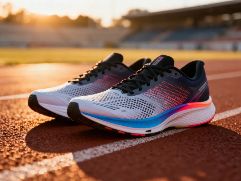 Nowoczesne buty do biegania ustawione na bieżni lekkoatletycznej w świetle zachodzącego słońca.
