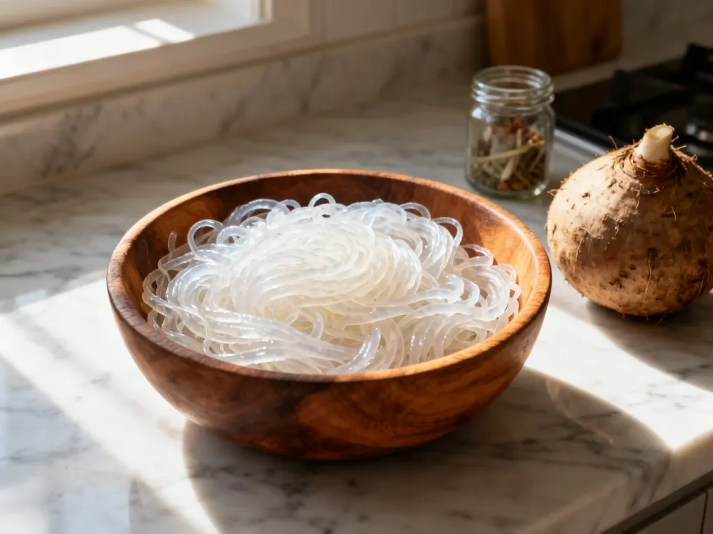 Świeży makaron konjac w drewnianej misce obok korzenia rośliny konjac na marmurowym blacie kuchennym.