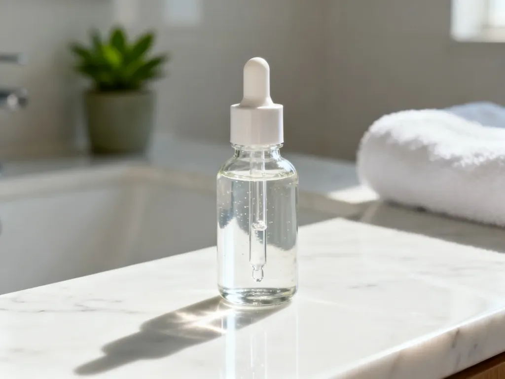 Szklana buteleczka z serum z kwasem mlekowym na marmurowym blacie w jasnej, minimalistycznej łazience.