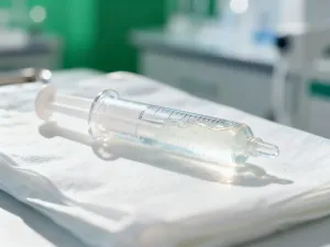 Brązowa paczka kurierska pozostawiona na drewnianym ganku przy drzwiach wejściowych domu w świetle zachodzącego słońca.
