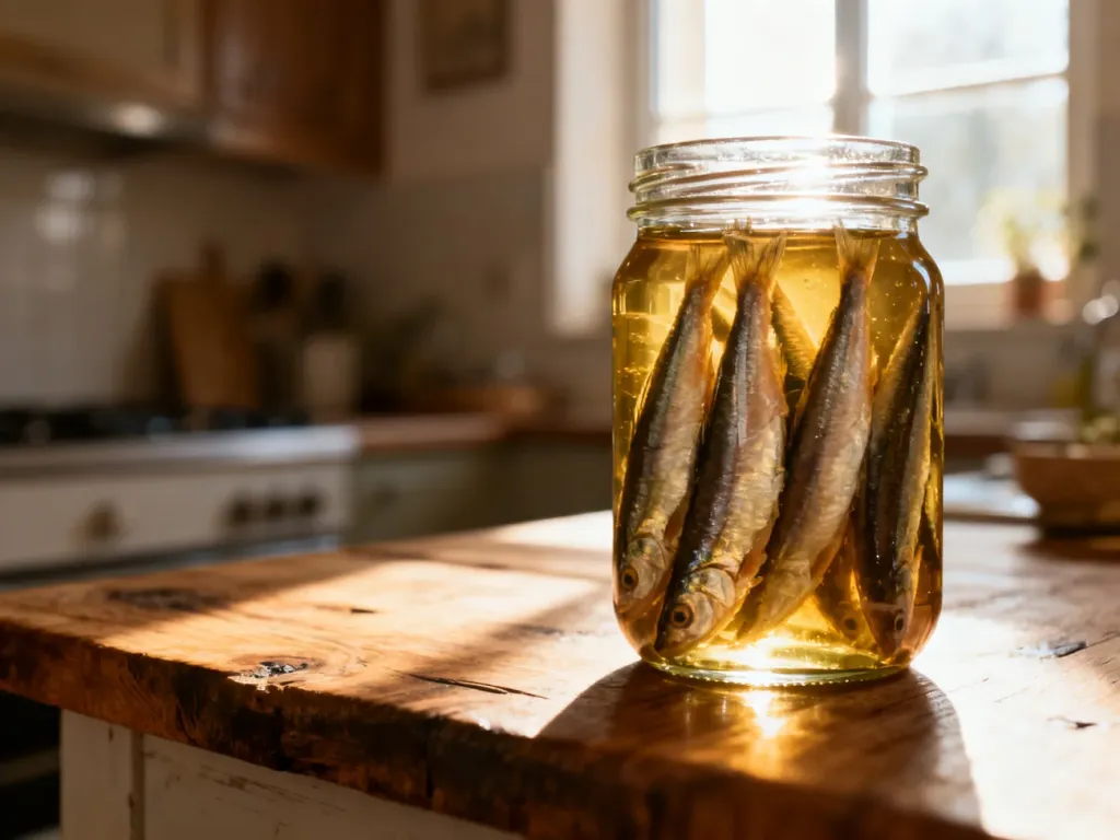 Słoik z wysokiej jakości filetami anchois w oliwie z oliwek, ustawiony na rustykalnym drewnianym blacie kuchennym.