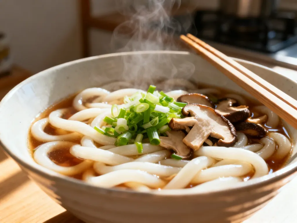 Parująca miska grubego makaronu udon w bulionie sojowym z dodatkiem szczypiorku i grzybów shiitake.
