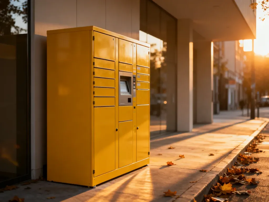 Żółty paczkomat InPost w jesiennym słońcu, oczekujący na odbiór przesyłek przez klientów.