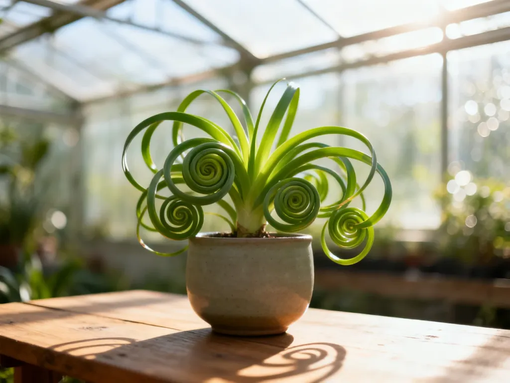 Zbliżenie na Albuca spiralis w ceramicznej doniczce, ukazujące charakterystyczne, spiralnie skręcone zielone liście.