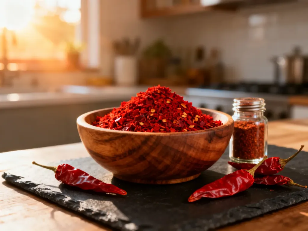 Drewniana miseczka z płatkami papryki gochugaru oraz suszone chili na ciemnym blacie w słonecznej kuchni.