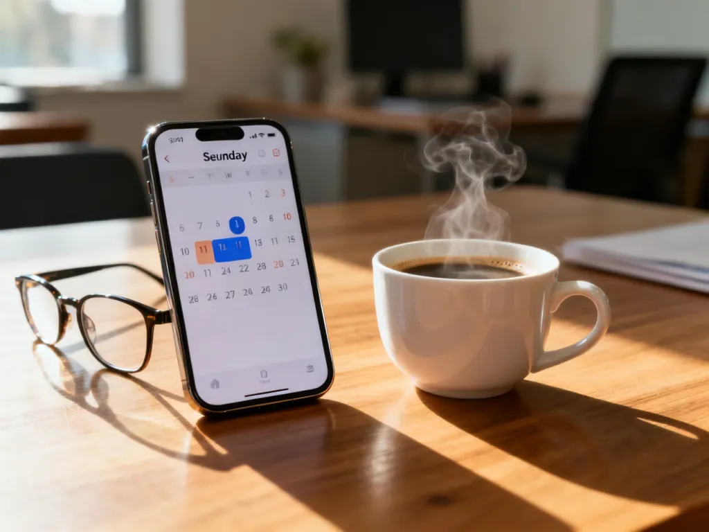 Smartfon z kalendarzem na biurku, obok okulary i filiżanka kawy, symbolizujące planowanie zakupów w niedzielę.
