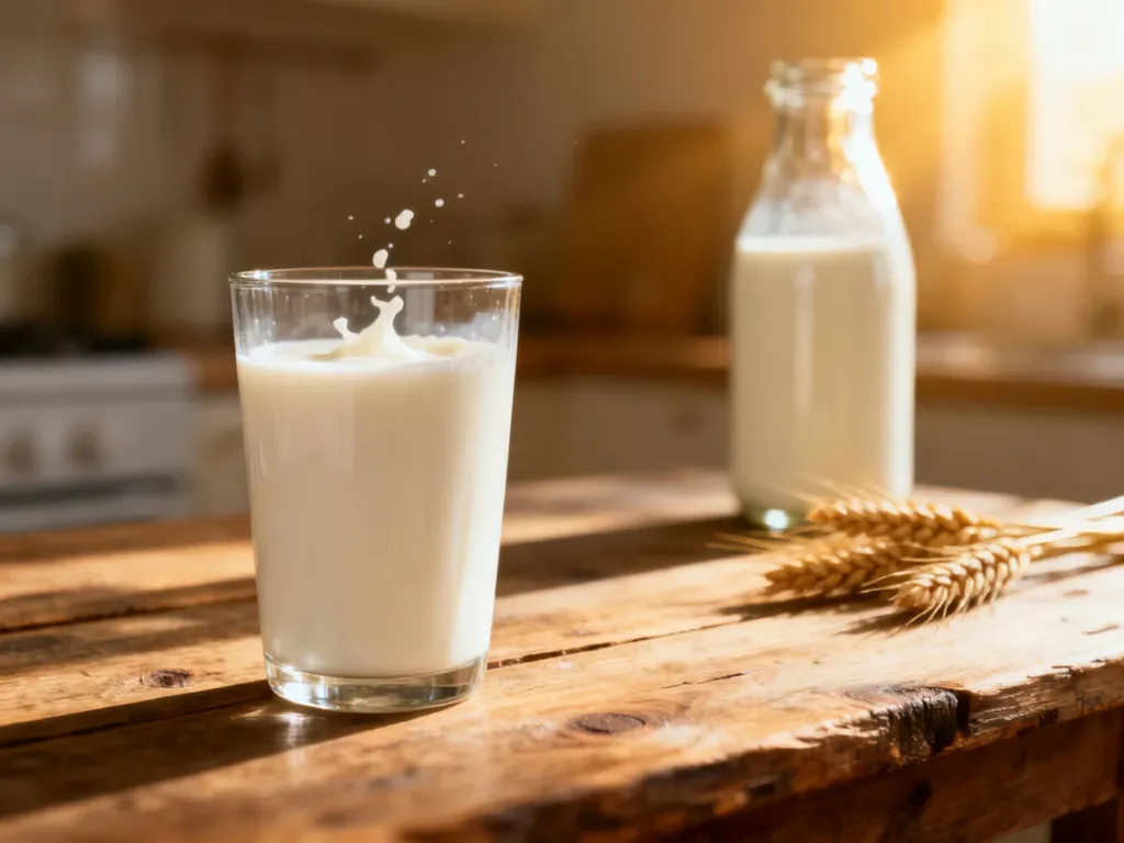 Szklanka świeżego mleka na drewnianym stole w promieniach porannego słońca, podkreślająca naturalność i jakość produktu.