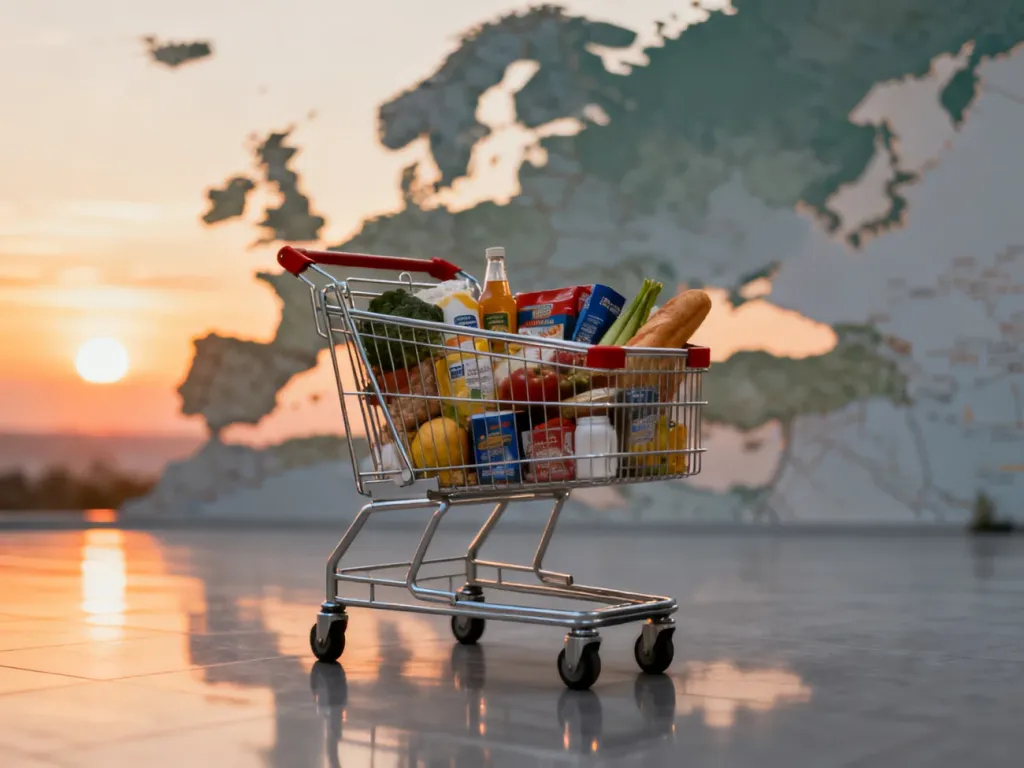 Wózek sklepowy pełen zakupów na tle zarysu mapy Europy, symbolizujący porównanie cen produktów w różnych krajach.