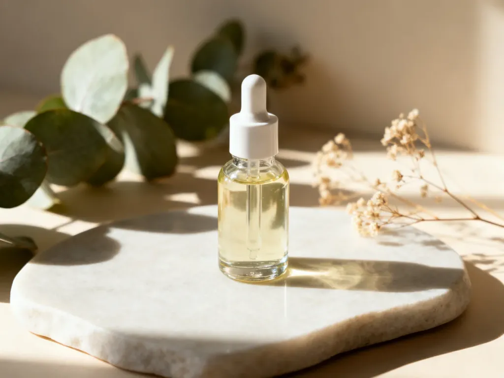 Szklana buteleczka serum Nature Vellum na kamiennym podłożu w otoczeniu roślin, podkreślająca naturalny skład kosmetyku.
