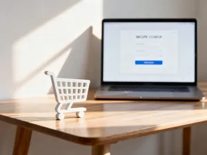 Smartfon z ikoną koszyka oraz papierowy kupon rabatowy na drewnianym biurku, symbolizujące oszczędzanie podczas zakupów online.