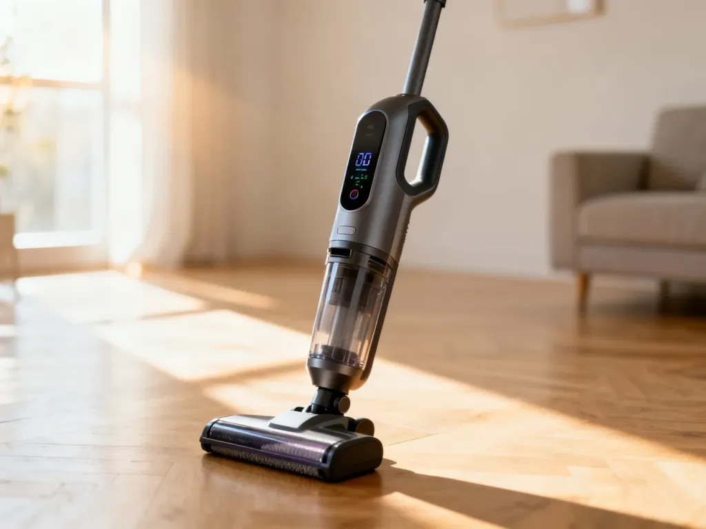 Nowoczesny, bezprzewodowy odkurzacz Laresar V11 stojący w jasnym, minimalistycznym salonie.