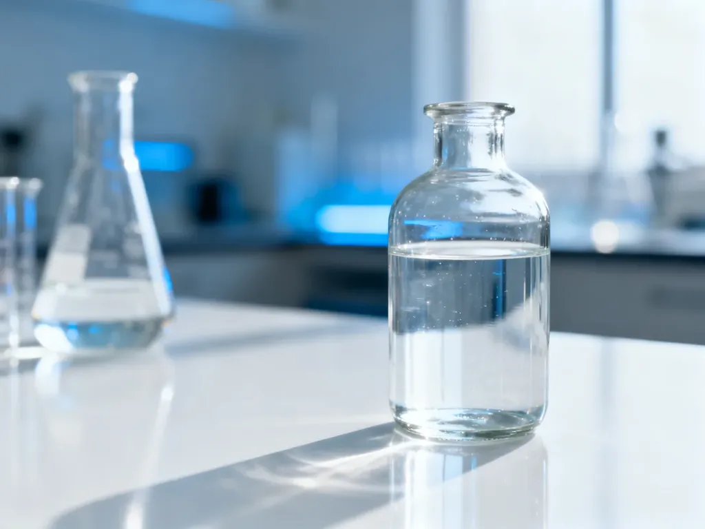 Szklana butelka z krystalicznie czystą wodą demineralizowaną na białym, odblaskowym tle w laboratorium.