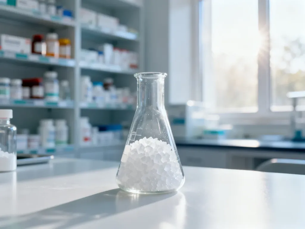 Szklana zlewka z białym proszkiem na laboratoryjnym stole, symbolizująca suplementację NAC w profesjonalnym otoczeniu.
