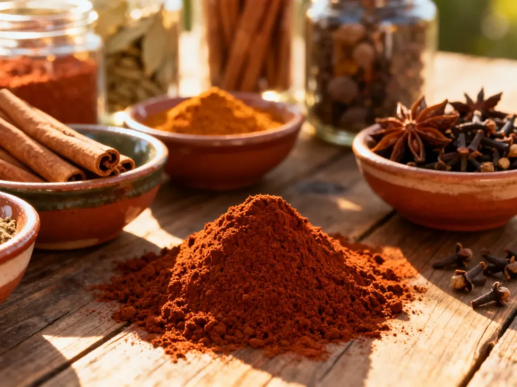 Różnorodne indyjskie przyprawy w miseczkach, w tym wysypana na drewnianym stole aromatyczna mieszanka garam masala.