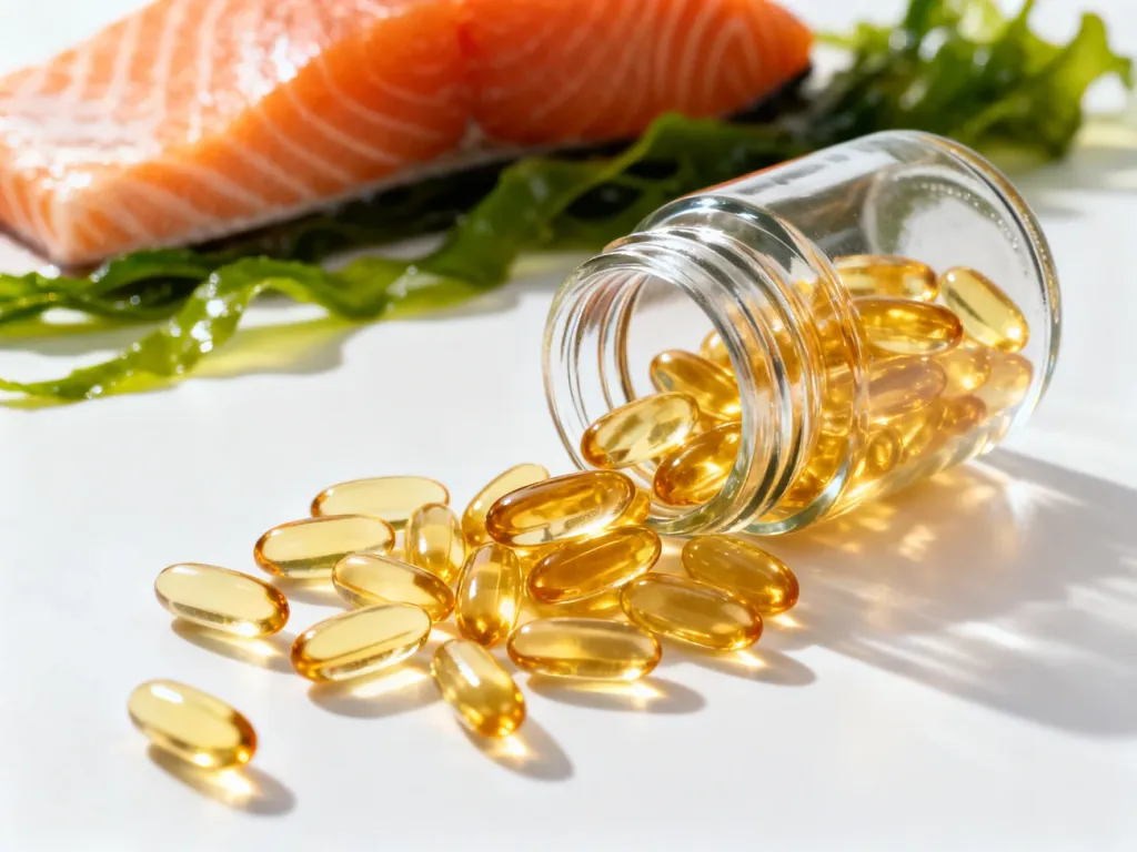 Złote kapsułki z kwasami omega-3 wysypujące się ze szklanego słoika na białym tle, w otoczeniu łososia i alg.
